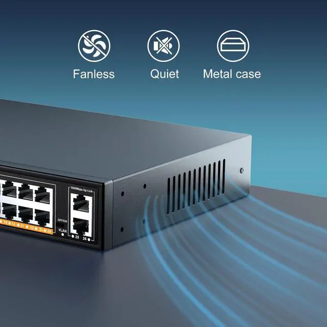 Alt view image 5 of 7 - 24-Port Gigabit Ethernet Switch with 2 Uplink 1000Mbps Ports, 26-Port Unmanaged Network Switch Support IEEE802.3af/at, VLAN, Metal Housing, Desktop, 19 inch Rack-Mount, Plug and Play