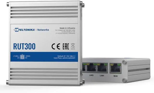 Main image of Teltonika RUT300 000100 Industrial Ethernet Router, Sturdy Aluminum Housing, Compatible with Teltonika Remote Management System, 5 x Fast Ethernet Ports (10/100 Mbps), Passive PoE, USA PSU, Silver