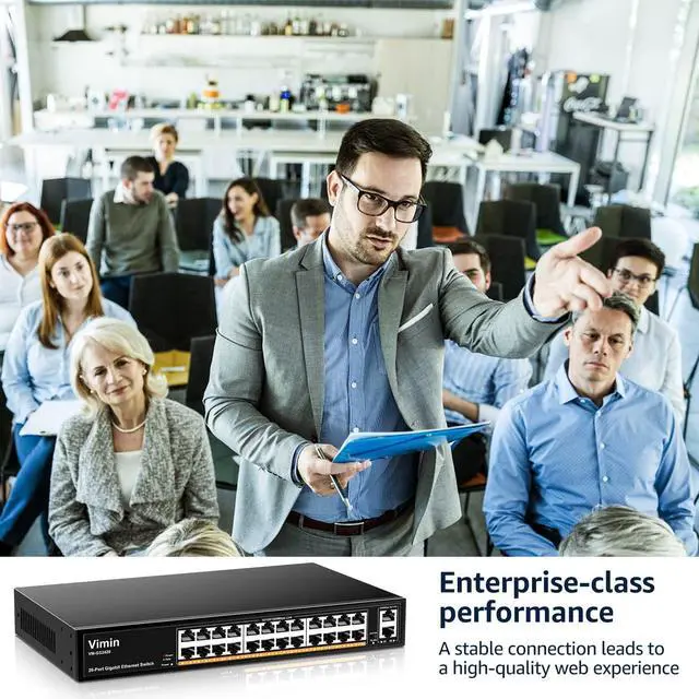 Alt view image 6 of 7 - 24-Port Gigabit Ethernet Switch with 2 Uplink 1000Mbps Ports, 26-Port Unmanaged Network Switch Support IEEE802.3af/at, VLAN, Metal Housing, Desktop, 19 inch Rack-Mount, Plug and Play