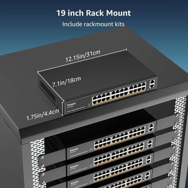 Alt view image 7 of 7 - 24-Port Gigabit Ethernet Switch with 2 Uplink 1000Mbps Ports, 26-Port Unmanaged Network Switch Support IEEE802.3af/at, VLAN, Metal Housing, Desktop, 19 inch Rack-Mount, Plug and Play