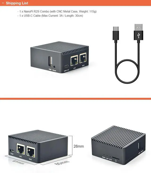 Alt view image 2 of 7 - NanoPi R2S Open Source Mini Router with Dual-Gbps Ethernet Ports 1GB DDR4 Based in RK3328 Soc for IOT NAS Smart Home Gateway, Bundle with CNC Metal Case