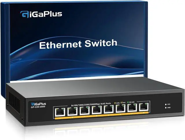Main image of 8 Ports 5Gb Unmanaged Ethernet Switch with 8*5G Base-T Ports. GiGaPlus 5Gbps Network Switch for 5Gbe NAS/PC, 5Gbps Adapter/NIC, WiFi7 Router, Desktop/19-inch Rack Mount