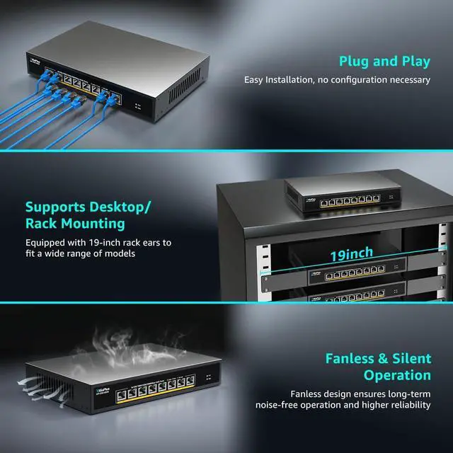 Alt view image 7 of 7 - 8 Ports 5Gb Unmanaged Ethernet Switch with 8*5G Base-T Ports. GiGaPlus 5Gbps Network Switch for 5Gbe NAS/PC, 5Gbps Adapter/NIC, WiFi7 Router, Desktop/19-inch Rack Mount