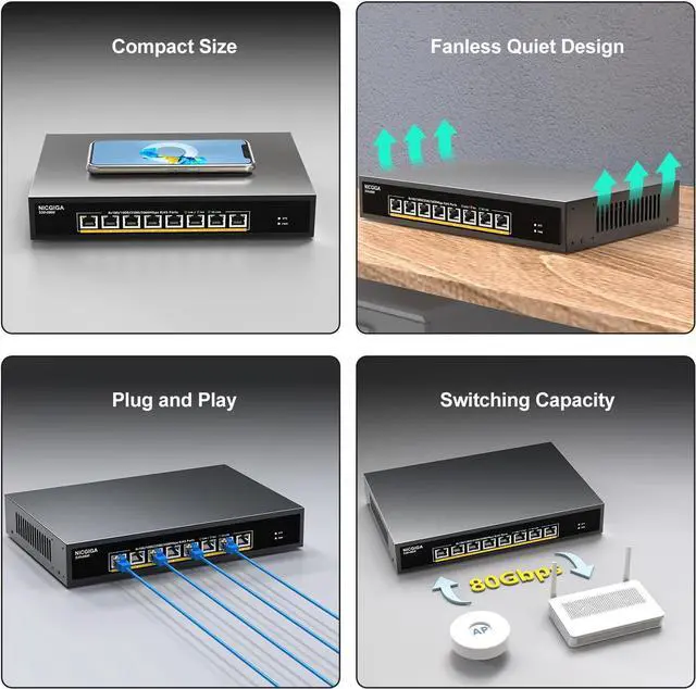 Alt view image 5 of 7 - 8 Port 5G Ethernet Switch Unmanaged,with 8X 5Gb Base-T Ports, NICGIGA 5Gbps Network Switch Easy for 5G NAS,PC,WiFi7 Router,5G Adapter/NIC. Desktop or 19-inch Rack Mount, Plug and Play.