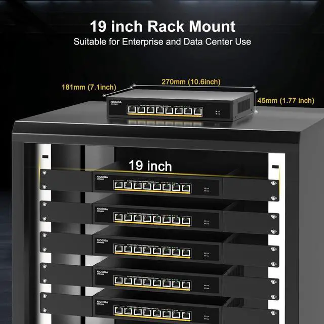 Alt view image 7 of 7 - 8 Port 5G Ethernet Switch Unmanaged,with 8X 5Gb Base-T Ports, NICGIGA 5Gbps Network Switch Easy for 5G NAS,PC,WiFi7 Router,5G Adapter/NIC. Desktop or 19-inch Rack Mount, Plug and Play.