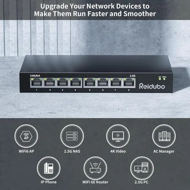 Alt view image 2 of 7 - 2.5Gb Switch, 8 Port 2.5 Gigabit Network Switch, 2.5G Unmanaged Ethernet Switch for 2.5Gbps NAS/PC, 4K Video, WiFi6 Router, Wireless AP, Fanless Design, Plug and Play