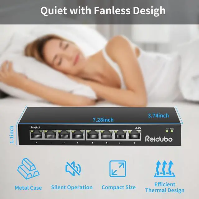 Alt view image 7 of 7 - 2.5Gb Switch, 8 Port 2.5 Gigabit Network Switch, 2.5G Unmanaged Ethernet Switch for 2.5Gbps NAS/PC, 4K Video, WiFi6 Router, Wireless AP, Fanless Design, Plug and Play