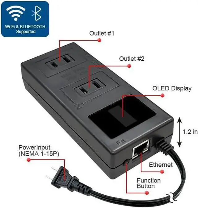 Alt view image 2 of 5 - ezOutlet5-2R Smart Power Reset Device with Auto-Reset, 2 NEMA Sockets 2.5A, Wi-Fi & Bluetooth & App Controllable via LAN/Cloud, Router Rebooter, Remote Scheduling for Network Devices.