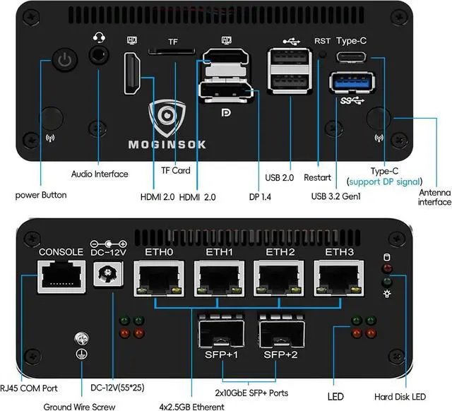 Alt view image 3 of 7 - 10GbE SFP+ Micro Firewall Appliance Mini PC, Intel Core i5 1240P 12C/16T 16GB DDR5 256GB PCIE SSD 4xIntel I226-V 2.5GbE 2*Intel 10Gb Network Card Firewall Home Server/Router 1xConsole