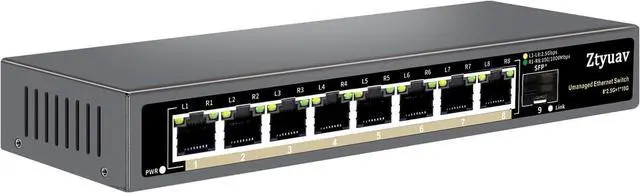 Main image of 9 Port Unmanaged 2.5G Ethernet Switch with 8 x 2.5G RJ-45 Base-T Ports, 1 x 10G SFP+, Ports Speed Auto-Negotiation-100/1000/2500Mbps, Desktop/Wall Mount, Fanless & Metal