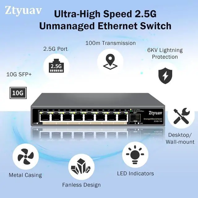 Alt view image 3 of 7 - 9 Port Unmanaged 2.5G Ethernet Switch with 8 x 2.5G RJ-45 Base-T Ports, 1 x 10G SFP+, Ports Speed Auto-Negotiation-100/1000/2500Mbps, Desktop/Wall Mount, Fanless & Metal