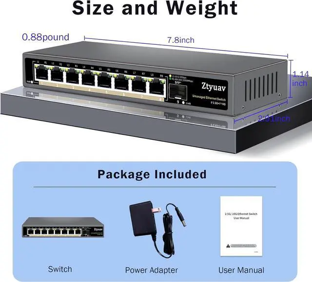 Alt view image 6 of 7 - 9 Port Unmanaged 2.5G Ethernet Switch with 8 x 2.5G RJ-45 Base-T Ports, 1 x 10G SFP+, Ports Speed Auto-Negotiation-100/1000/2500Mbps, Desktop/Wall Mount, Fanless & Metal