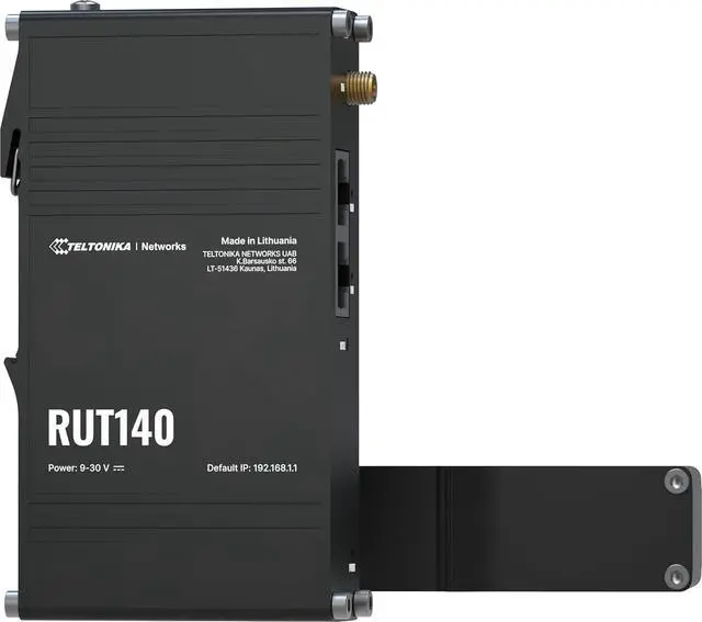 Main image of Teltonika RUT140000000 Model RUT140 Industrial Ethernet Router; 2 x 10/100 Mbps Ethernet Ports; Remote Management; Integrated DIN Rail Bracket; Wi-Fi 4; Up to 50 Simultaneous Connections