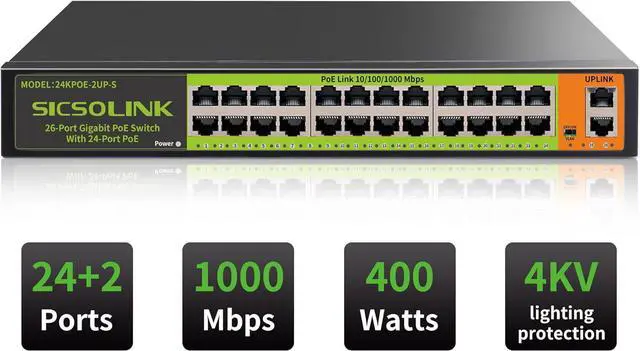 Alt view image 2 of 7 - 24 Port Full Gigabit PoE+ Switch, 2 Gigabit Network Uplink, 400W, Unmanaged, Fanless Silent Operation, 802.3af/at, 19''Rackmount, Qos, Suitable for POE Camera, AP, PC
