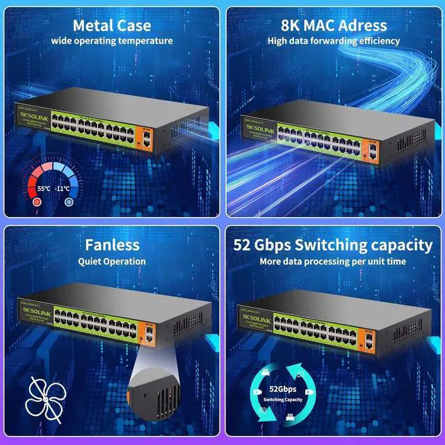 Alt view image 7 of 7 - 24 Port Full Gigabit PoE+ Switch, 2 Gigabit Network Uplink, 400W, Unmanaged, Fanless Silent Operation, 802.3af/at, 19''Rackmount, Qos, Suitable for POE Camera, AP, PC