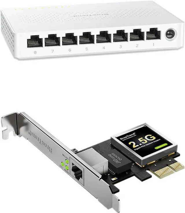 Main image of BrosTrend 8 Port 2.5G Network Switch, Unmanaged Ethernet Switch Multi-Gigabit + 2.5Gb Network Card, PCIe Network Adapter RJ45 NIC