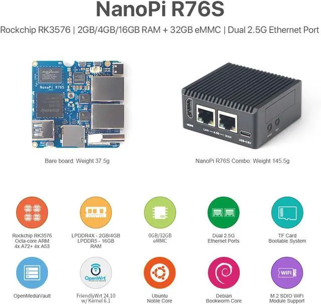 Alt view image 2 of 7 - NanoPi R76S Mini Router, RK3576 Octa-Core SoC with AI Model, LPDDR5 16GB RAM 32GB eMMC, 6TOPS NPU,Dual 2.5G Ethernet, Support M.2 Wi-Fi Module (with M.2 WiFi, LPDDR4X 4GB, TF Card Kit)