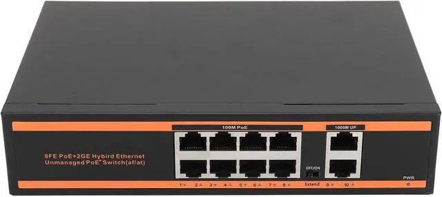 Main image of 10 Port PoE Switch, 8 X 100M Fast Ethernet PoE Ports, 2 X 1000M Adaptive RJ45 Ports, Two Modes, Metal Housing and Temperature Range, for Routers, Nvr Connections, IP Cameras, USA Plug