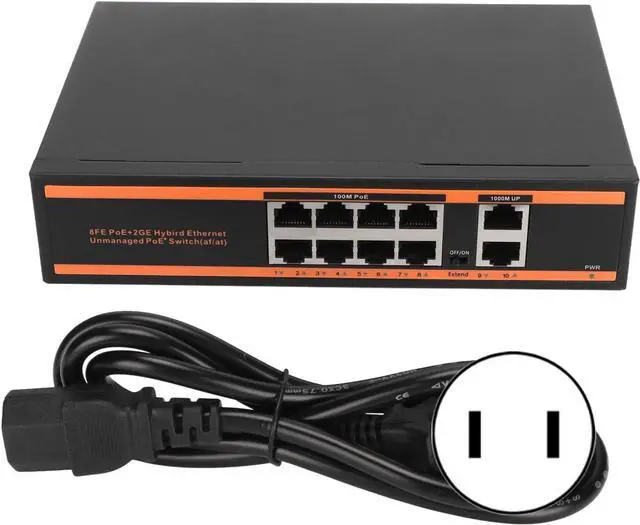 Alt view image 6 of 7 - 10 Port PoE Switch, 8 X 100M Fast Ethernet PoE Ports, 2 X 1000M Adaptive RJ45 Ports, Two Modes, Metal Housing and Temperature Range, for Routers, Nvr Connections, IP Cameras, USA Plug