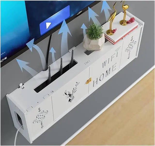 Alt view image 2 of 7 - Router Shelf Wall Mount WiFi Router Storage Box, Network Set Top Box Wall Mounted WiFi Router Storage Box Wireless Router Storage Shelf TV Lower Row Socket Occlusion Box, 71.5x24x12cm, White