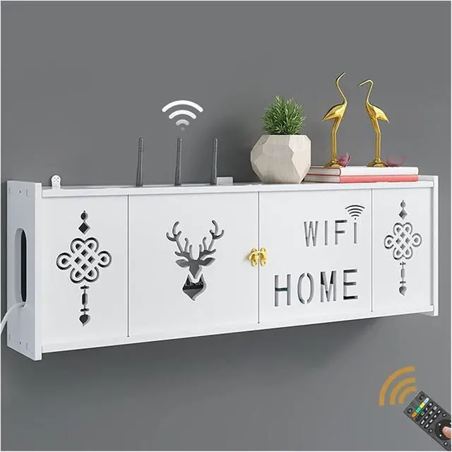 Alt view image 4 of 7 - Router Shelf Wall Mount WiFi Router Storage Box, Network Set Top Box Wall Mounted WiFi Router Storage Box Wireless Router Storage Shelf TV Lower Row Socket Occlusion Box, 71.5x24x12cm, White