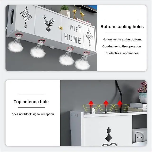 Alt view image 7 of 7 - Router Shelf Wall Mount WiFi Router Storage Box, Network Set Top Box Wall Mounted WiFi Router Storage Box Wireless Router Storage Shelf TV Lower Row Socket Occlusion Box, 71.5x24x12cm, White