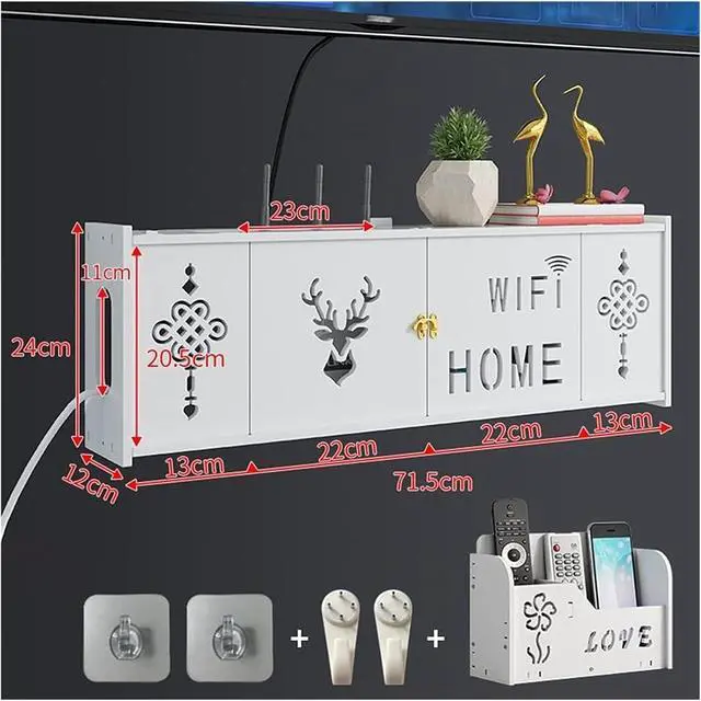Alt view image 3 of 7 - Router Shelf Wall Mount WiFi Router Storage Box, Network Set Top Box Wall Mounted WiFi Router Storage Box Wireless Router Storage Shelf TV Lower Row Socket Occlusion Box, 71.5x24x12cm, White