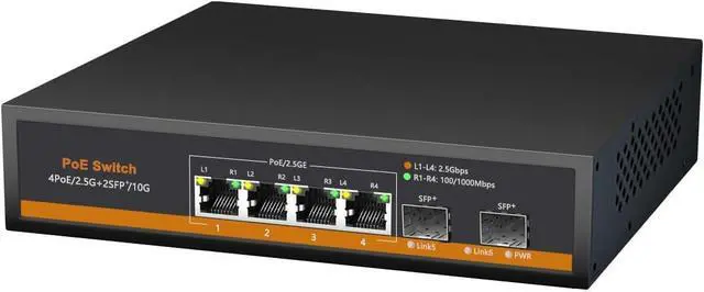 Main image of 4 Ports 2.5G PoE Switch with 10G SFP+ Slot IEEE802.3af/at 30W Up to 75W 10/100/1000M/2.5G Desktop Ethernet Switch Unmanaged Network Fiber Switch 110-240V AC