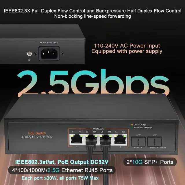 Alt view image 2 of 7 - 4 Ports 2.5G PoE Switch with 10G SFP+ Slot IEEE802.3af/at 30W Up to 75W 10/100/1000M/2.5G Desktop Ethernet Switch Unmanaged Network Fiber Switch 110-240V AC