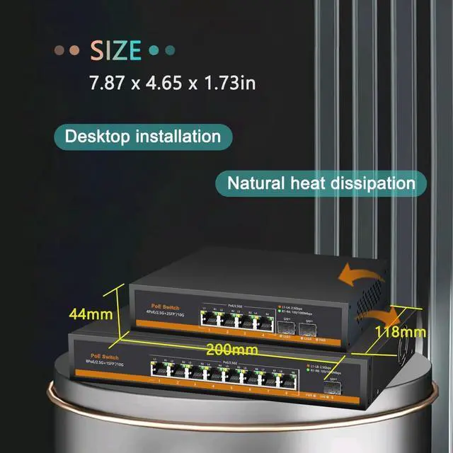 Alt view image 3 of 7 - 4 Ports 2.5G PoE Switch with 10G SFP+ Slot IEEE802.3af/at 30W Up to 75W 10/100/1000M/2.5G Desktop Ethernet Switch Unmanaged Network Fiber Switch 110-240V AC