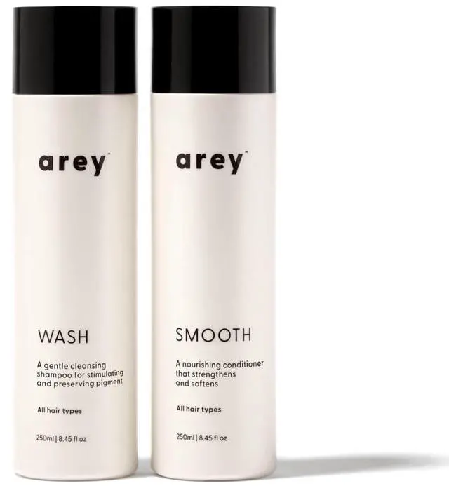 Main image of Arey Shower Duo | Wash Shampoo and Smooth Conditioner | Delay + Reduce the Signs of Aging Grey Hair | Retain Moisture, Promote Smoothness | Vegan, Gluten-Free & Cruelty Free (2 Pack, 8.45 Fl Oz each)