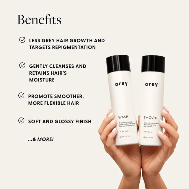Alt view image 4 of 7 - Arey Shower Duo | Wash Shampoo and Smooth Conditioner | Delay + Reduce the Signs of Aging Grey Hair | Retain Moisture, Promote Smoothness | Vegan, Gluten-Free & Cruelty Free (2 Pack, 8.45 Fl Oz each)