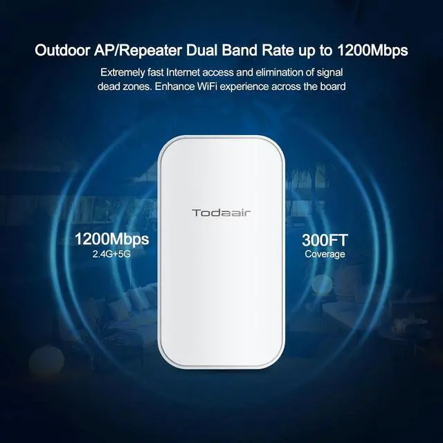 Alt view image 3 of 6 - 2025 Outdoor WiFi Extender, WiFi Booster, IP65 Weatherproof, Up to 1200Mbps Dual Band WiFi Repeater, Covers Up to Least 3440 Sq. ft and 30 Devices, Repeater&AP Mode