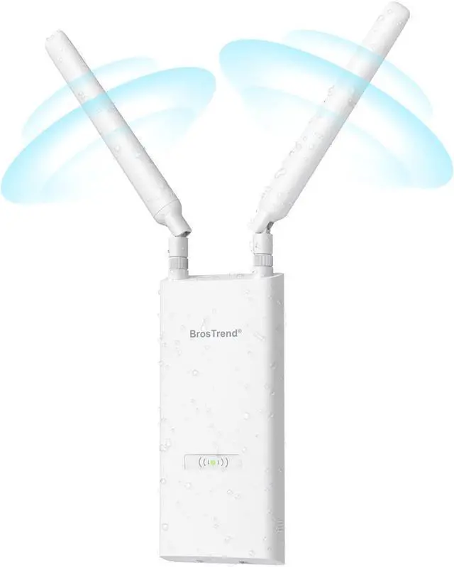Main image of BrosTrend AC1200 Outdoor WiFi Extender Long Range, Dual Band 5GHz + 2.4GHz, IP65 Weatherproof Gigabit Signal Booster, PoE Powered, with Passive PoE Injector, 2x 5dBi Antennas, Works for Yard, Farm, RV