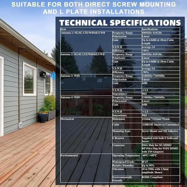 Alt view image 6 of 7 - Maswell Combo 2X2 MIMO Antenna, Up to 6dBi, Omni 600-8000MHz, MIMO WiFi Networking and MIMO 3G 4G LTE 5G for Hotspots, Routers, Gateways, Verizon, AT&T, T-Mobile Home Internet, WiFi 7 Ready (Full Kit)