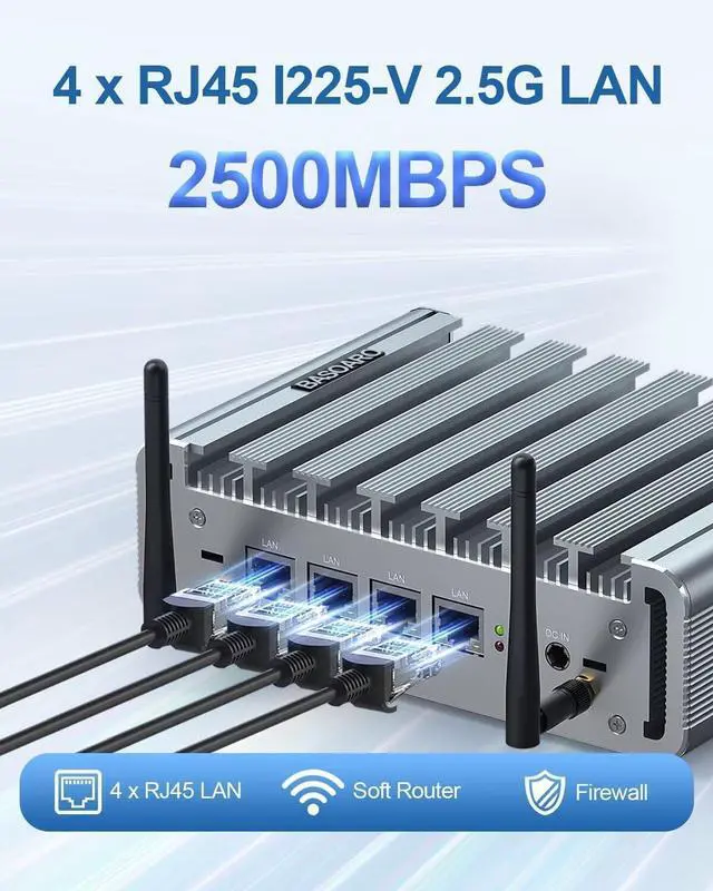 Alt view image 3 of 7 - Fanless Firewall Appliance Router Celeron J4125 4 LAN 2.5G Network Card 8GB DDR4 RAM 128GB SSD 1TB HDD Firewall Mini PC HD VGA USB3.0 SIM Slot WiFi AES-NI VPN Router Auto Power On