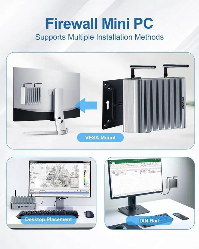 Alt view image 7 of 7 - Fanless Firewall Appliance Router Celeron J4125 4 LAN 2.5G Network Card 8GB DDR4 RAM 128GB SSD 1TB HDD Firewall Mini PC HD VGA USB3.0 SIM Slot WiFi AES-NI VPN Router Auto Power On