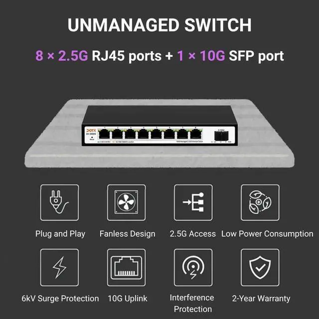 Alt view image 2 of 6 - DOTX DX-1009N 8-Port 2.5G Ethernet Switch with 1x10G SFP, Plug-and-Play, Unmanaged, for NAS, Gaming, Office