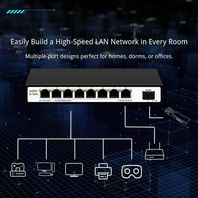 Alt view image 4 of 6 - DOTX DX-1009N 8-Port 2.5G Ethernet Switch with 1x10G SFP, Plug-and-Play, Unmanaged, for NAS, Gaming, Office