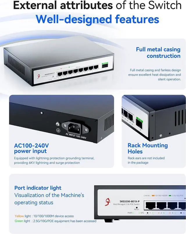 Alt view image 4 of 7 - 9-Port 2.5G Easy Managed PoE+ Ethernet Switch with Intel I226-V 2.5G Network Card, Support VLAN/QoS/STP/IGMP/LACP, Fanless 2.5Gb Network Switch, Metal Housing