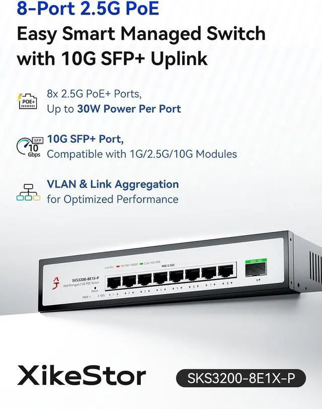Alt view image 3 of 7 - 9-Port 2.5G Easy Managed PoE+ Ethernet Switch with Intel I226-V 2.5G Network Card, Support VLAN/QoS/STP/IGMP/LACP, Fanless 2.5Gb Network Switch, Metal Housing