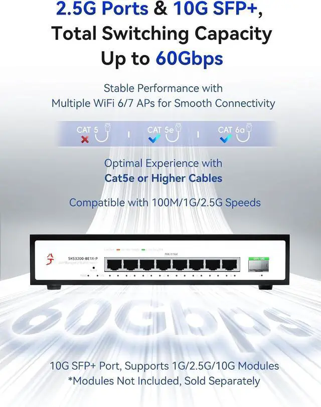 Alt view image 5 of 7 - 9-Port 2.5G Easy Managed PoE+ Ethernet Switch with Intel I226-V 2.5G Network Card, Support VLAN/QoS/STP/IGMP/LACP, Fanless 2.5Gb Network Switch, Metal Housing