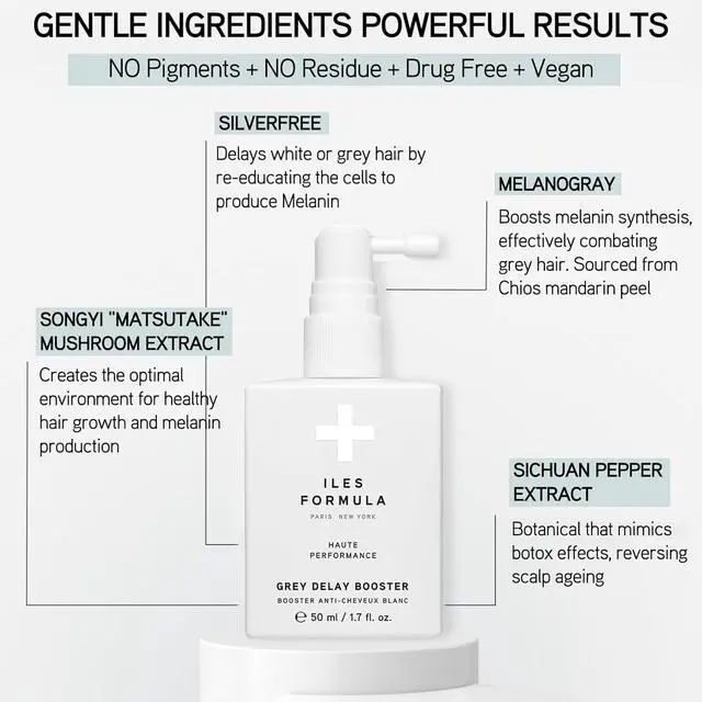 Alt view image 3 of 7 - ILES FORMULA Grey Delay Booster  Anti-Gray Leave-In Hair Treatment, Prevents Premature Graying & Stimulates Melanin Production, Plant-Based w/Chios Mandarin & Matsutake Mushroom, 1.7 fl oz (50 ml)
