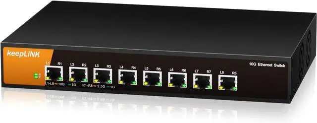 Main image of 8 Port 10G Ethernet Switch Unmanaged, 8X 10G RJ45 Ports Support 10G/5G/2.5G/1000M/100M Auto-Negotiation, 160Gbps Switching Capacity, Desketop or Rackmountable Plug and Play Network Switch