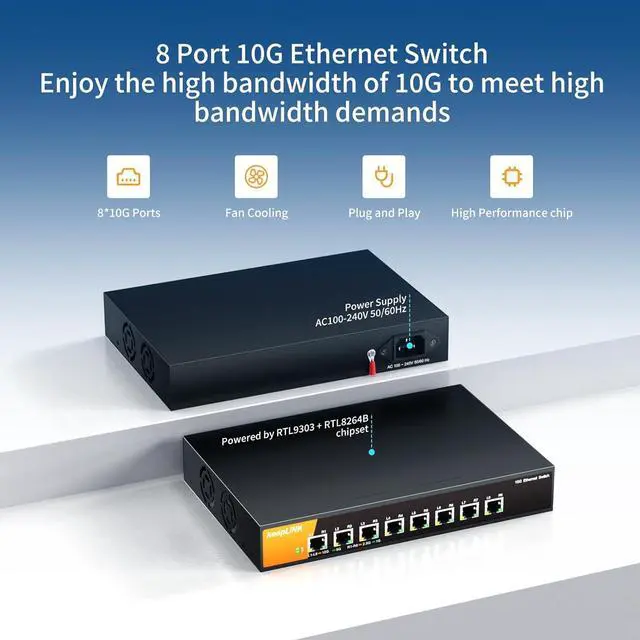 Alt view image 2 of 6 - 8 Port 10G Ethernet Switch Unmanaged, 8X 10G RJ45 Ports Support 10G/5G/2.5G/1000M/100M Auto-Negotiation, 160Gbps Switching Capacity, Desketop or Rackmountable Plug and Play Network Switch