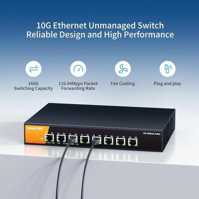 Alt view image 3 of 6 - 8 Port 10G Ethernet Switch Unmanaged, 8X 10G RJ45 Ports Support 10G/5G/2.5G/1000M/100M Auto-Negotiation, 160Gbps Switching Capacity, Desketop or Rackmountable Plug and Play Network Switch