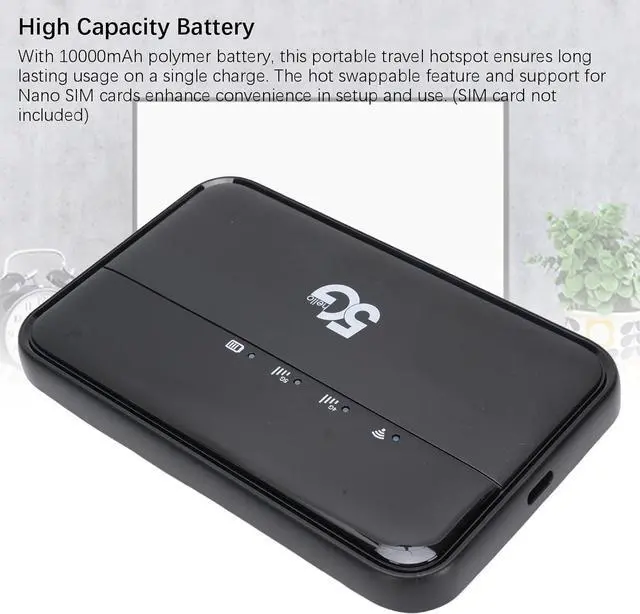 Alt view image 5 of 7 - Denash 5G WiFi6 Mobile Hotspot Router, 10000mAh Battery & Nano SIM Slot, Supports 32 Devices for Travel, Business