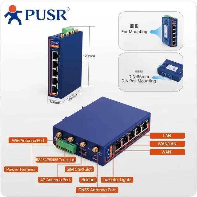 Alt view image 5 of 6 - Dual Qualcomm Industrial Cellular Router 5*Ethernet+RS232+RS485 4G LTE Router Sim Card Modem WiFi Router USR-G806p