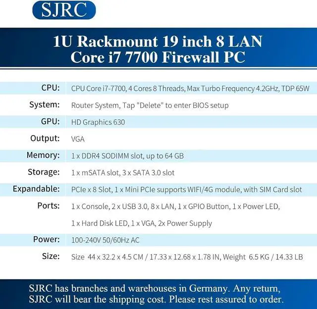 Alt view image 7 of 7 - 19 Firewall Hardware Core i7 7700, LGA 1151, Rackmount 1U Router PC for VPN Server, 19 Inch Rack OPNsense Appliance with 8 x i226V 2.5GbE LAN, DDR4 16GB RAM 512GB SSD, VGA