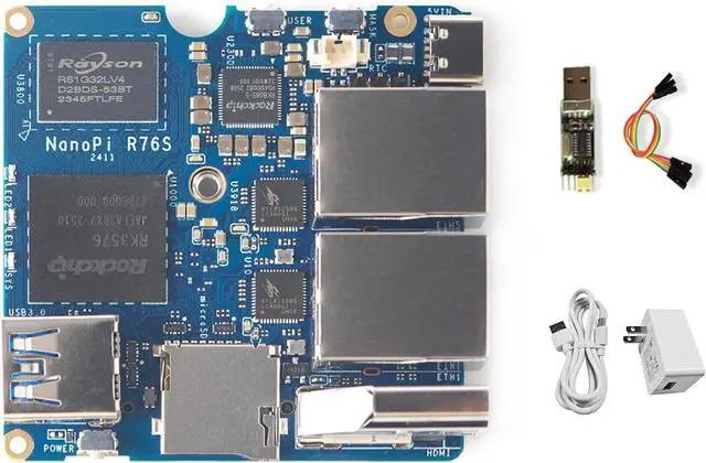 Main image of NanoPi R76S SBC & Mini Router, RK3576 Octa-core SoC, Dual 2.5G Ethernet, 6TOPS AI Acceleration,Up to 16GB LPDDR5 RAM, 4K Video Decoding (LPDDR4X 2GB+32GB eMMC,with Power,Single Board)